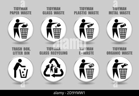 Vector Set von Tidy Mann Symbole mit Kunststoff, Glas, Papier, Metall, organische, Batterie Abfallmanagement Zeichen. Piktogramme von verschiedenen Müll, Müll, Rubbis Stock Vektor