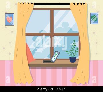 Morgen aus dem Fenster Symbol im Cartoon-Stil. Laptop auf der Fensterbank. Stock Vektor