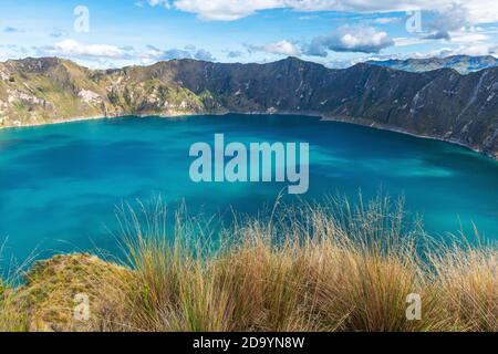 Selektiver Fokus auf Gras im Vordergrund. Landschaft des Vulkankraters Quilotoa Caldera bei Quito, Ecuador. Stockfoto