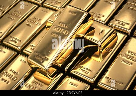 Goldbarren oder Barren in einer Reihe. Finanz- und Investitionskonzept. 3d-Illustration Stockfoto