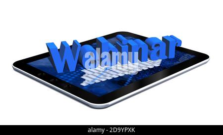 Webinar: Blauer Schriftzug auf einem Tablet-Display - Home Office oder Schulkonzept - isoliert auf weiß Hintergrund - 3D-Illustration Stockfoto