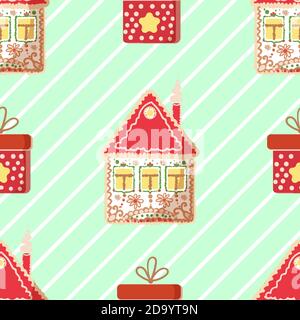 Winter Nahtloses Muster mit Lebkuchenhaus. Weiße Streifen auf hellem Hintergrund. Geschenk rote Box. Weihnachten wiederholende Textur für Oberflächen-Designs Stock Vektor