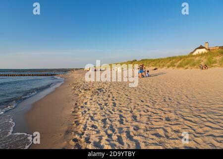 Ahrenshoop: Strand, Badegewässer, Brakwater, traditionelles Reetdachhaus, Ostsee, Fischlandhalbinsel, Mecklenburg-Vorpommern, Deutschland Stockfoto