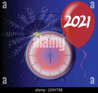 Eine 2021-Uhr-Feier mit Ballon und Feuerwerk Explosion. Stock Vektor