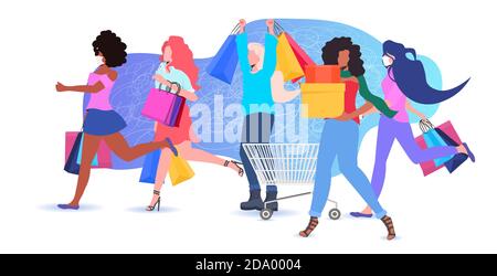 Mix Rennen Frauen halten Einkaufstaschen schwarz freitag großen Verkauf Promotion Rabatt Konzept volle Länge horizontale Vektor-Illustration Stock Vektor