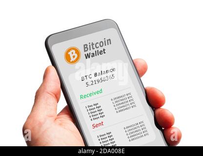 Hand halten Smartphone mit Bitcoin Geldbörse Stockfoto