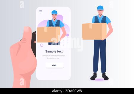 Mann Kurier halten Kartons schwarz freitag Verkauf Express-Lieferung Service-Konzept Smartphone-Bildschirm horizontale Vektor-Illustration Stock Vektor