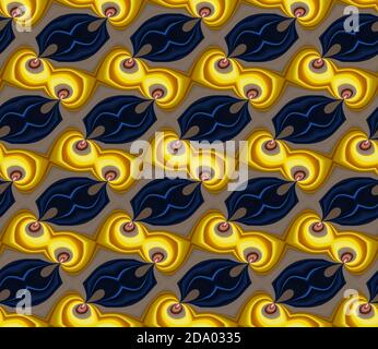 Nahtloser abstrakter Vintage-Hintergrund mit reto-Muster. Blaue und gelbe Elemente auf braunem Hintergrund. Design für Dekor, Drucke, Textil, Möbel, Kl Stockfoto