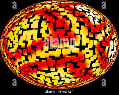 3d-Kugel aus gelben und roten Farben auf schwarzem Hintergrund. Stockfoto