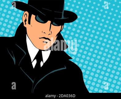 Detective ermittelt. Gekleidet in einen Retro-Regenmantel und Hut. Schwarze Brille tragen. Für Text platzieren. Vektorgrafik im Pop-Art-Stil. Stock Vektor