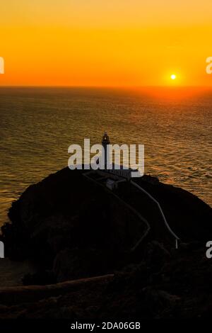 Ein Leuchtturm auf Klippen mit Sonnenuntergang über dem Meer (South Stack Lighthouse, Wales, UK) Stockfoto