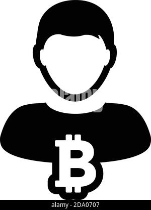 Krypto Symbol Vektor Bitcoin digitale Währung Symbol mit männlichen Person Profil-Avatar für Brieftasche in einer Glyphe-Piktogramm-Illustration Stock Vektor