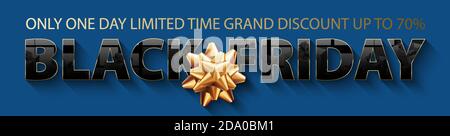 Schwarzes blaues horizontales Webbanner für Freitag. Glänzend schwarzer Text mit dünnem goldenem Rahmen auf blauem Hintergrund. Gold Geschenkband Schleife. Zeitlich begrenzter Hauptrabatt Stock Vektor