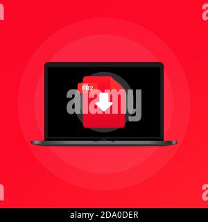 Laptop und FB2-Dateisymbol herunterladen. Konzept zum Herunterladen von Dokumenten. FB2-Etikett und Abwärtspfeil. Vektor auf isoliertem Hintergrund. EPS 10 Stock Vektor