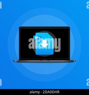 Laptop und Download MP4-Datei-Symbol. Konzept zum Herunterladen von Dokumenten. MP4-Label und Pfeil nach unten Zeichen. Vektor auf isoliertem Hintergrund. EPS 10 Stock Vektor