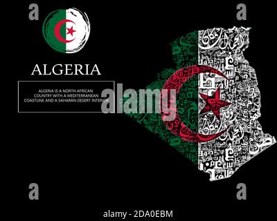 Karte von Algerien mit der Flagge der arabischen Typografie Stockfoto