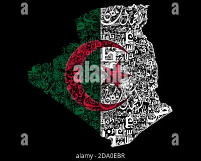 Karte von Algerien mit der Flagge der arabischen Typografie Stockfoto