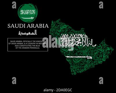 Karte von Saudi-Arabien mit der Flagge der Araber Typografie Stockfoto