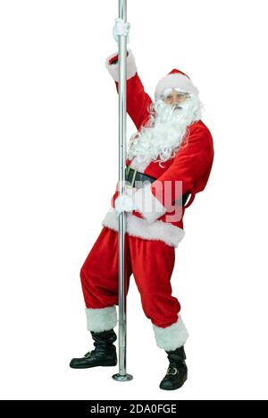 Depraved Santa ist Pole Dancer, tanzt mit Pylon. Lustvolle Santa Claus tanzt mit Stange auf weißem Hintergrund. Weihnachten steht bevor Stockfoto