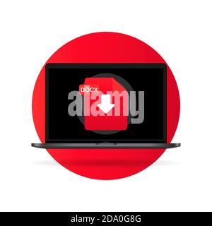 Laptop und DOCX-Dateisymbol herunterladen. Konzept zum Herunterladen von Dokumenten. DOCX-Etikett und Pfeil nach unten. Vektor auf isoliertem Hintergrund. EPS 10 Stock Vektor
