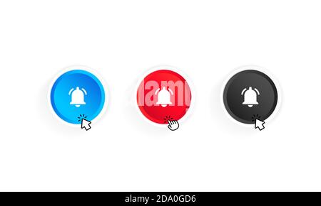 Klingelton-Benachrichtigungstaste und Cursorsymbol eingestellt. Taste Kanal abonnieren. Blog. Streamen. UI-Design. Social Media-Netzwerk. Vektor auf isoliertem Weiß Stock Vektor