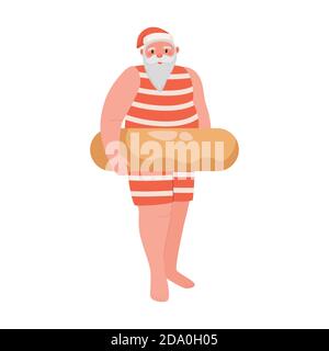Niedlichen Weihnachtsmann Charakter im Badeanzug und Rettungsring Vektor flache Illustration isoliert auf weißem Hintergrund. Frohes Neues Jahr und Frohe Weihnachten Charakter für Einladung oder Grußkarte Design. Stock Vektor