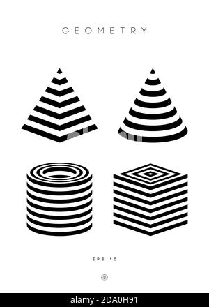 Optische Illusion Vektor Pyramide. Zylinder Streifen Hintergrund. Cube Logo optisch abstraktes Schwarz-Weiß-Liniendesign. Runde geometrische runde Form Stock Vektor