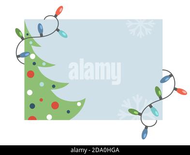 Frohes neues Jahr und frohe Weihnachten Einladungskarte Vorlage. Geschmückter Weihnachtsbaum und helle Girlanden isoliert auf blauem Hintergrund mit Schneeflocken. Heiligabend und Winterferien Poster Design. Stock Vektor