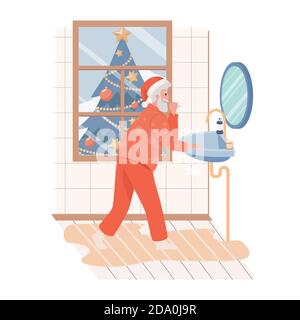 Santa Claus Reinigung Tooths in der Morgen Vektor flache Abbildung. Weihnachtsmann Vorbereitung auf die Weihnachtsferien. Lustige Weihnachten und Happy New Year Konzept für Einladungskarten oder Web-Design. Stock Vektor