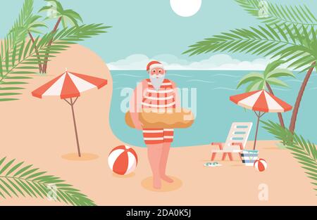 Weihnachtsmann auf Urlaub Wohnung Illustration. Santa Claus Charakter in Badeanzug und Rettungsring eine Pause, entspannen und Spaß im Sommer Resort. Sommer Sandstrand, Meer und Palmen Vektor-Konzept. Stock Vektor