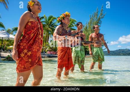 Insel Taha'a, Französisch-Polynesien. Polynesische Musik und Tänze in der Motu Mahana, Taha'a, Gesellschaftsinseln, Französisch-Polynesien, Südpazifik. Stockfoto