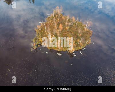 Eine kleine Insel mitten im See. Herbst im russischen Norden Stockfoto