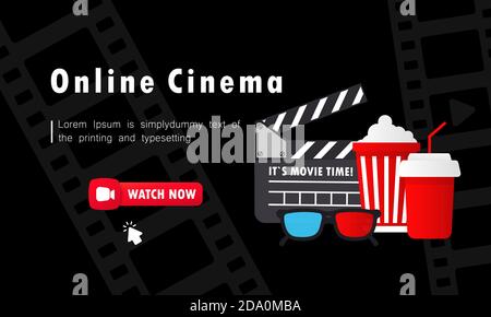 Online-Kino-Banner. Schaltfläche „Jetzt ansehen“. Filmwiedergabe mit Popcorn, 3d-Brille und Filmstreifen-Kinematografie-Konzept. Vektor auf isoliertem Hintergrund Stock Vektor