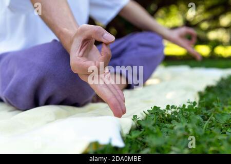 Cropped unkenntlich beschaulich männlichen Blogger tun Yoga in Lotus Pose Und Mudra Geste im Park während des Sommers Tag Stockfoto