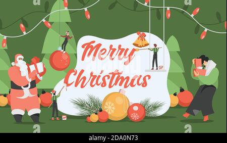 Frohe Weihnachten Vektor flach Banner Vorlage. Weihnachtsmann und glückliche Frau bringen Geschenkboxen, kleine Elfen dekorieren alles für Weihnachtsferien. Frohes neues Jahr und fröhliches Weihnachtskartendesign. Stock Vektor