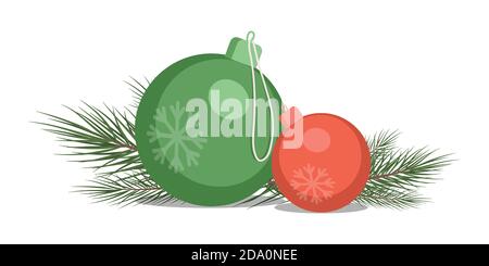 Frohe Weihnachten Grußkarte Elemente auf weißem Hintergrund isoliert. Weihnachtsbaum, Dekoration Bälle und Zweige Vektor flache Illustration. Frohes neues Jahr Konzept für Einladung Poster. Stock Vektor