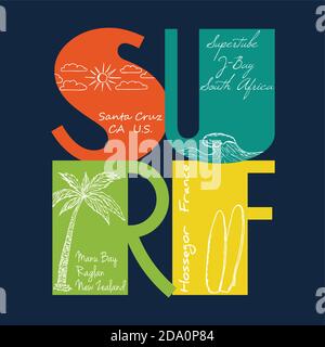 Surf Emblem mit von Hand gezogener Sonne, Welle, Handfläche und Surfbretter für Surfer T-Shirt. Vektorgrafik Design Stock Vektor