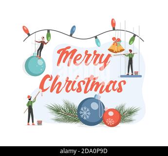 Frohe Weihnachten Grußkarte Design. Niedliche kleine Elfen Dekoration für die Weihnachtsferien. Girlanden, Weihnachtsbaumkugeln, Zweige Vektor flache Illustration für Silvester Poster Vorlage. Stock Vektor