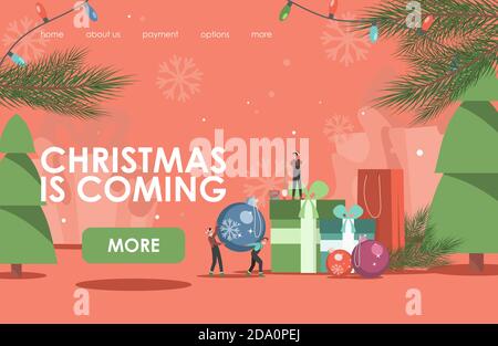 Weihnachten kommt Landing Page Design. Kleine Menschen Dekoration für Weihnachtsferien Vektor flache Illustration. Geschenkboxen und Weihnachtskugeln. Frohes neues Jahr und Frohe Weihnachten Webseitenvorlage. Stock Vektor