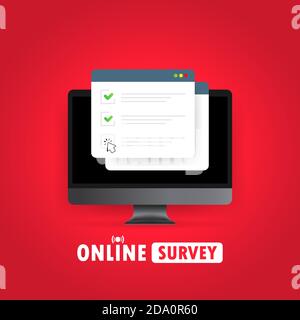 Abbildung der Online-Umfrage. Überprüfen Sie die Liste Online-Formular auf dem Computer. Bericht auf Website oder Web-Internet-Umfrage. Browserfenster mit Häkchen. Vektor ein Stock Vektor