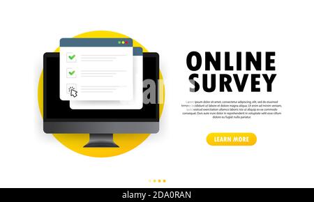 Abbildung der Online-Umfrage. Überprüfen Sie die Liste Online-Formular auf dem Computer. Bericht auf Website oder Web-Internet-Umfrage, Prüfungs-Checkliste. Browser-Fenster mit Häkchen Stock Vektor