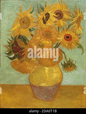 Vase mit zwölf Sonnenblumen – Kunst von Vincent Willem van Gogh. August 1888. Stockfoto