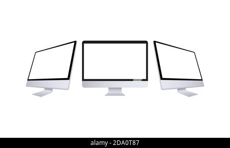 Realistischer Computermonitor in Vorder- und Seitenansicht. Desktop-Modell aus Metall mit weißem Bildschirm. Schablone des Computers in der silbernen Farbe. Unterschiedliche Ansicht von Stock Vektor