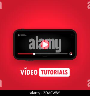 Video-Tutorials zur Illustration von Smartphones ansehen. Fernunterricht. Online-Webinar, Kurs, Schulung. Vektor auf isoliertem Hintergrund. EPS 10 Stock Vektor