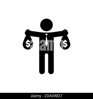 Geschäftsmann hält Geldbeutel in Händen Symbol in schwarz. Vektor auf isoliertem weißem Hintergrund. EPS 10 Stock Vektor