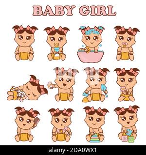 Baby Mädchen Set Vektor Illustration. Nette Mädchen in verschiedenen Posen und Emotionen in flachen Stil. Stock Vektor