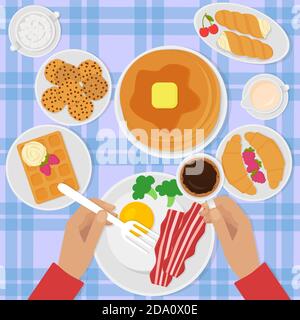 Frühstück Draufsicht Vektor-Illustration in flachem Stil mit Rührei, Speck, Pfannkuchen, Kaffee und Süßigkeiten. Stock Vektor