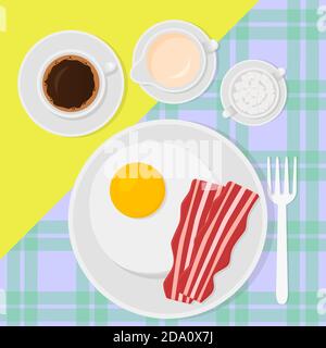 Frühstück Draufsicht Vektor-Illustration in flachem Stil mit Rührei, Speck, Kaffee und Milch. Stock Vektor