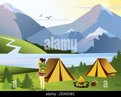 Vector flache Illustration Camping Mädchen Reisende. Naturhintergrund mit Gras, Wald, Bergen und Hügeln. Aktivitäten im Freien. Zelt und Feuerwehrlager. Stock Vektor