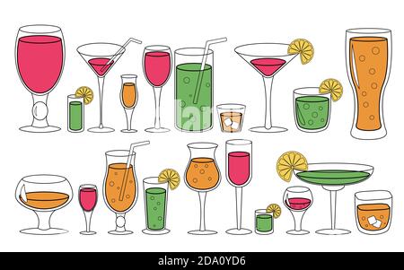 Set Gläser mit Flüssigkeit. Getränke Cocktails Vektor Illustration. Stock Vektor